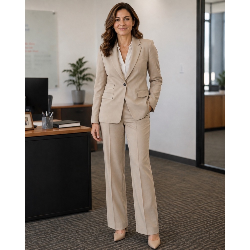 Banana Republic Pant Suit Tan Beige 100% Wool Italian Fabric Professional Sz 14